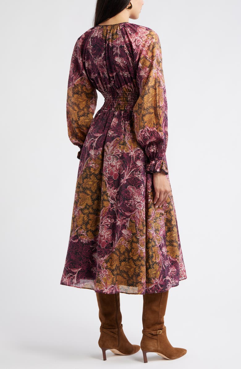 Chelsea28 Long Sleeve Smocked Waist Midi Dress, Alternate, color, Purple- Yellow Paisley Patch