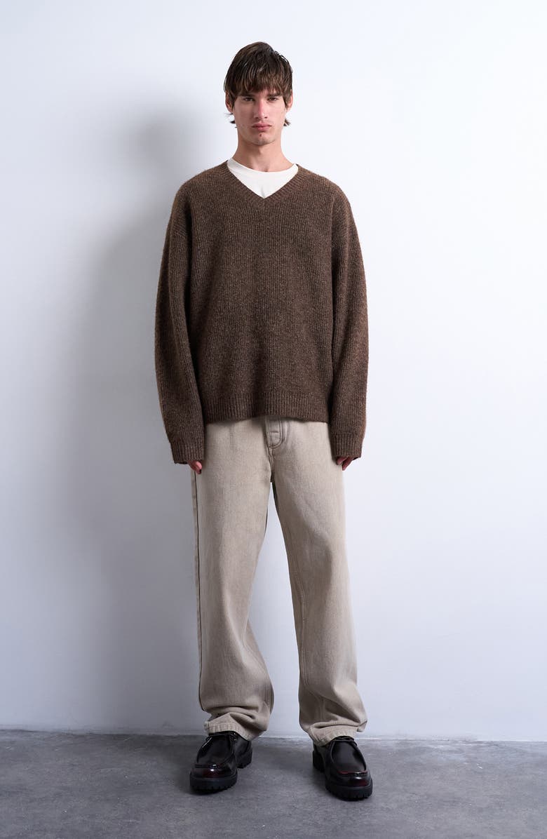 Topman Oversize V-Neck Rib Sweater, Alternate, color, Brown