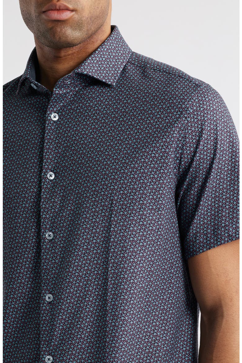 Artisanal Trim Fit Floral Geo Print Short Sleeve Cotton & Lyocell Button-Up Shirt, Alternate, color, DARK NAVY