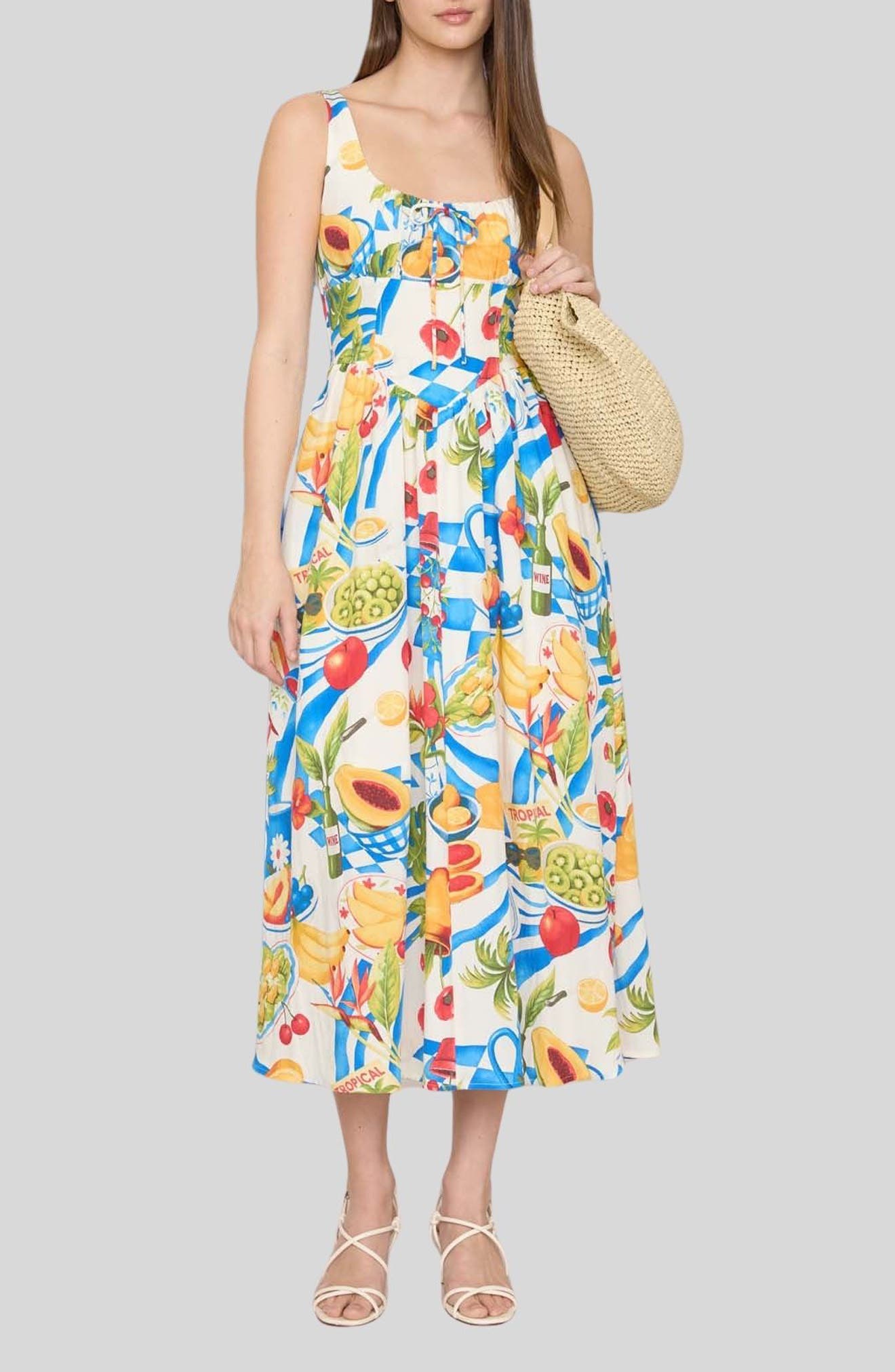 Blu Pepper Fruit Print Corset Midi Sundress