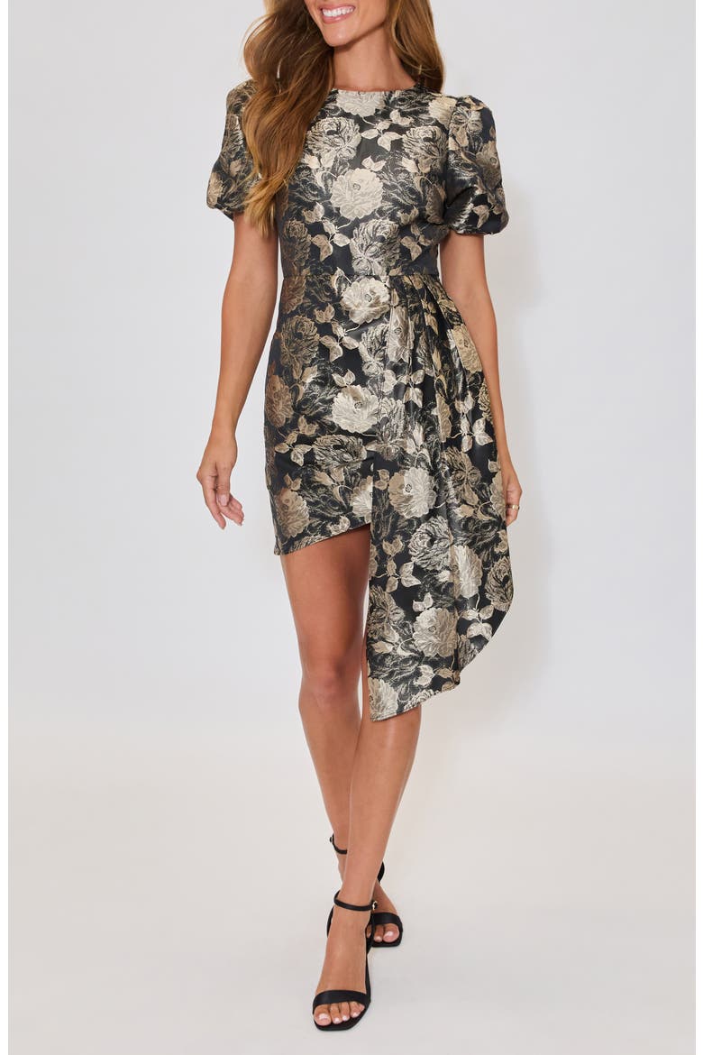 Holly Floral Brocade Pleated Drape Minidress, Main, color, BLACK/ GOLD