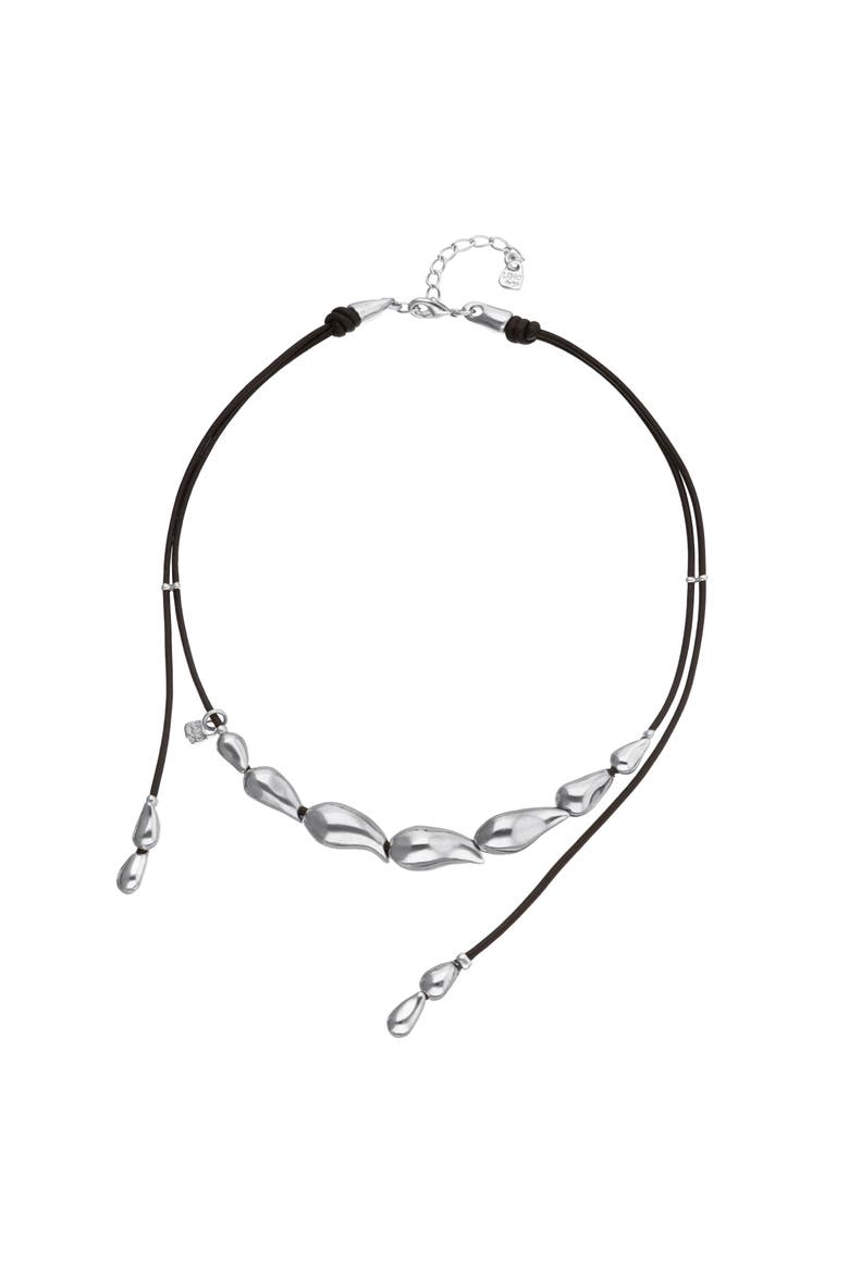Leather Necklace with Silver-Tone Drop Details, Main, color, Silver
