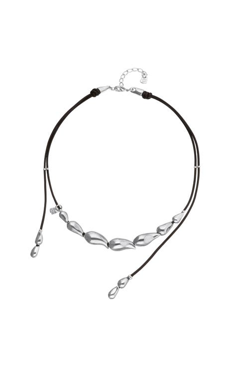 Leather Necklace with Silver-Tone Drop Details