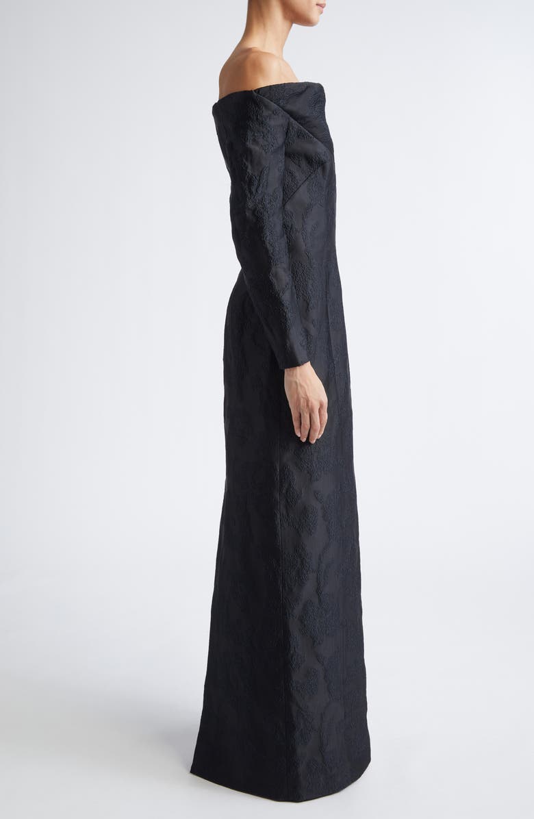 Emilia Wickstead Zarith Off the Shoulder Long Sleeve Bouclé Jacquard Evening Gown, Alternate, color, Black