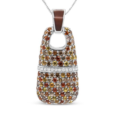 Silver Brown Enamel 1 Cttw Diamonds and Sapphire Pendant Necklace