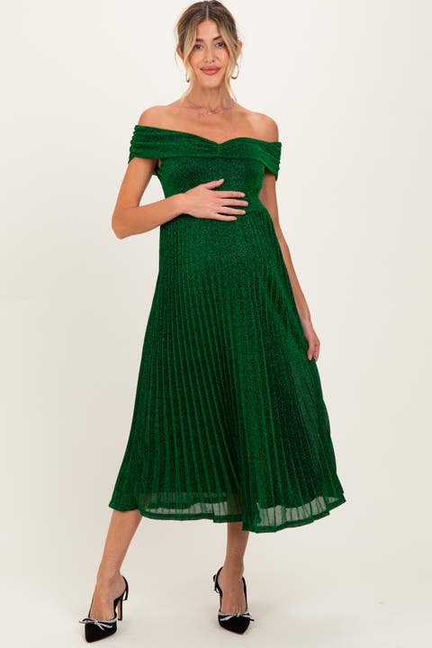 Shimmer Off Shoulder Pleated Midi Dress