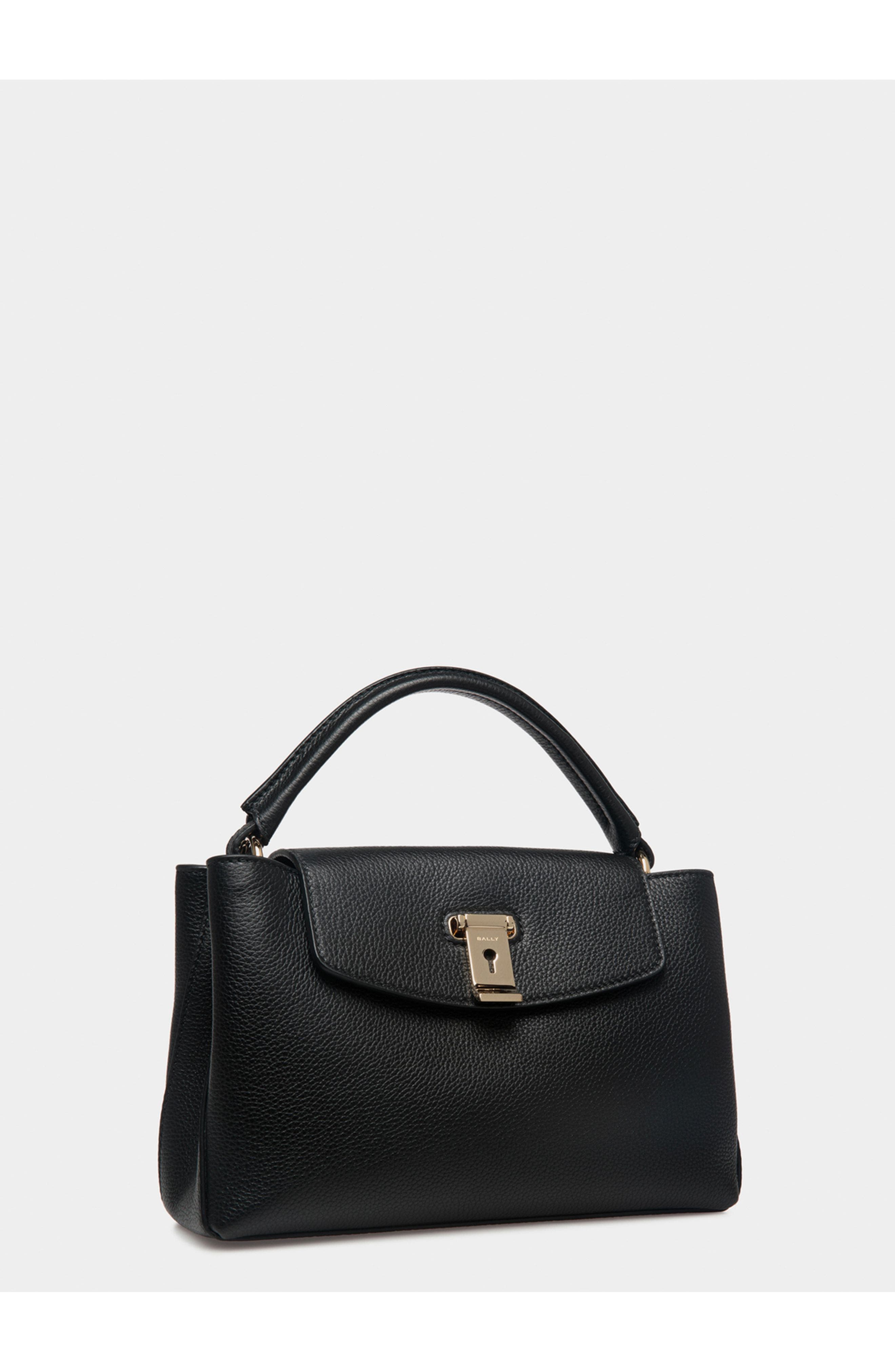 Bally Lock Me Small Top Handle Bag In Grained Leather, Alternate, color, Black