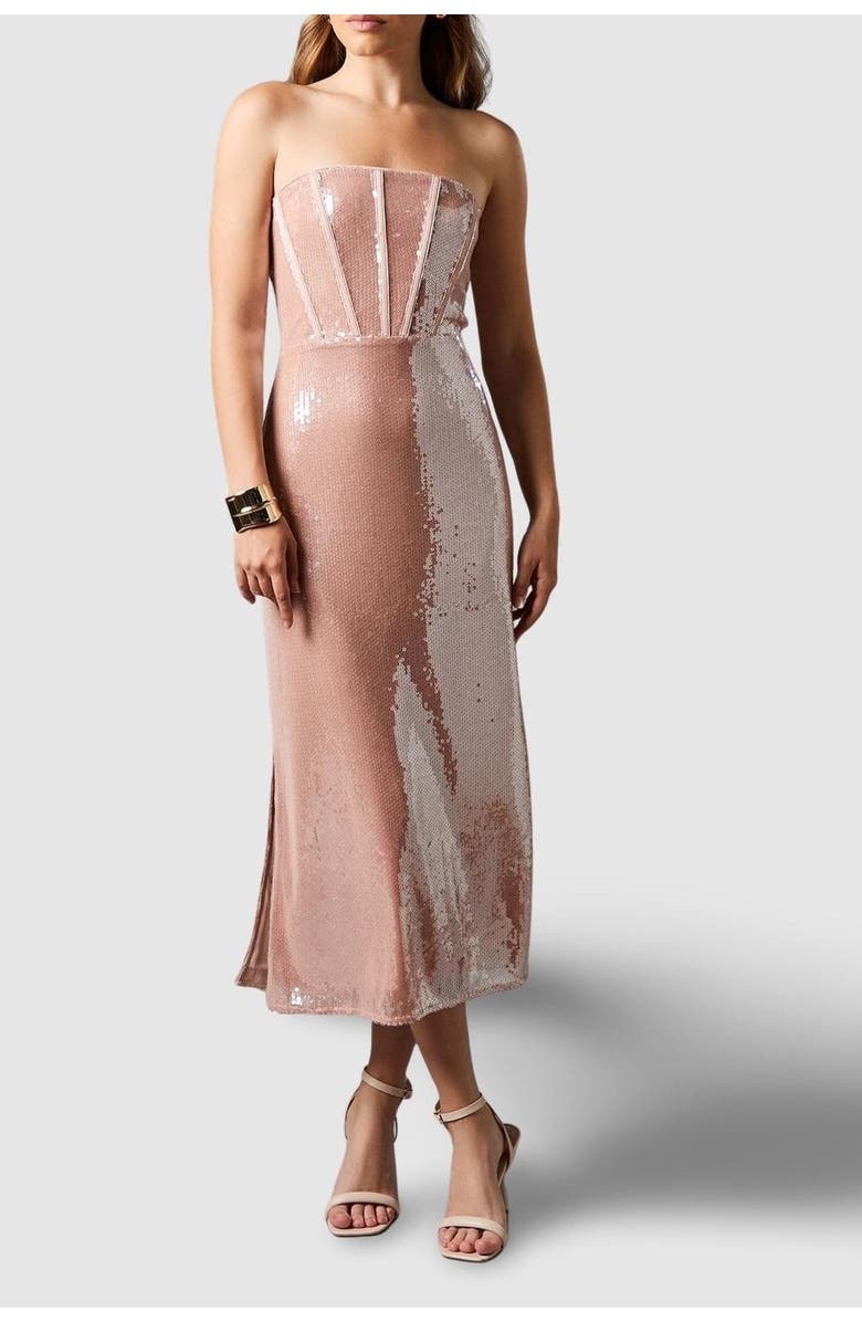 Coast Bandeau Corset Sequin Midi Dress, Alternate, color, Mink