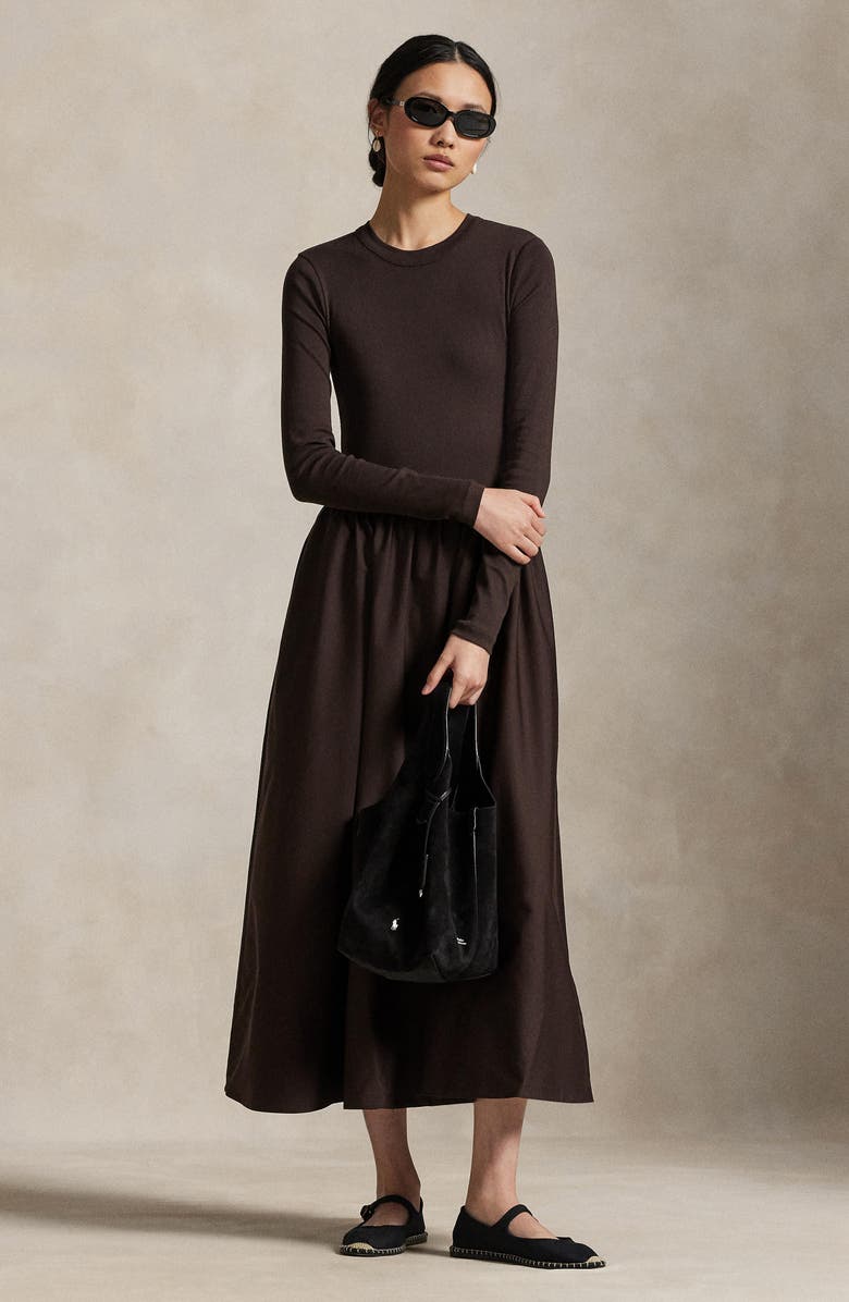 Polo Ralph Lauren Long Sleeve A-Line Dress, Alternate, color, Squire Brown