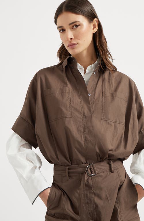 Brunello Cucinelli Cotton Belted Monili Jumpsuit In Chocolate