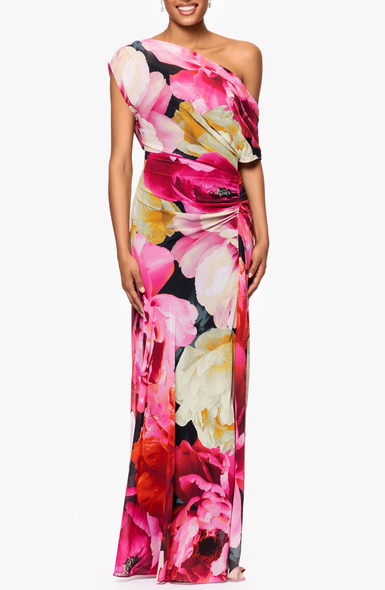 Betsy & Adam Floral One-Shoulder Gown, Main, color, Fuchsia/ Blush