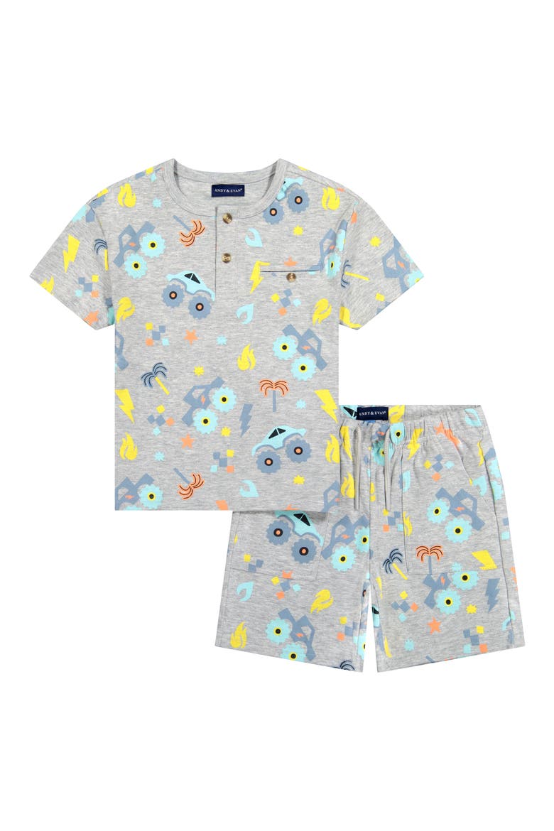 Kids' Print Henley & Drawstring Shorts Set, Main, color, HEATHER TRUCK