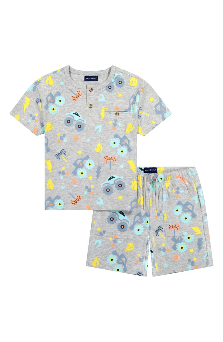 Andy & Evan Kids' Print Henley & Drawstring Shorts Set, Main, color, Heather Truck