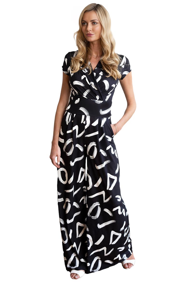 Black & White V-Neck Wide Leg Jumpsuit, Main, color, Black with White Brushstrokes