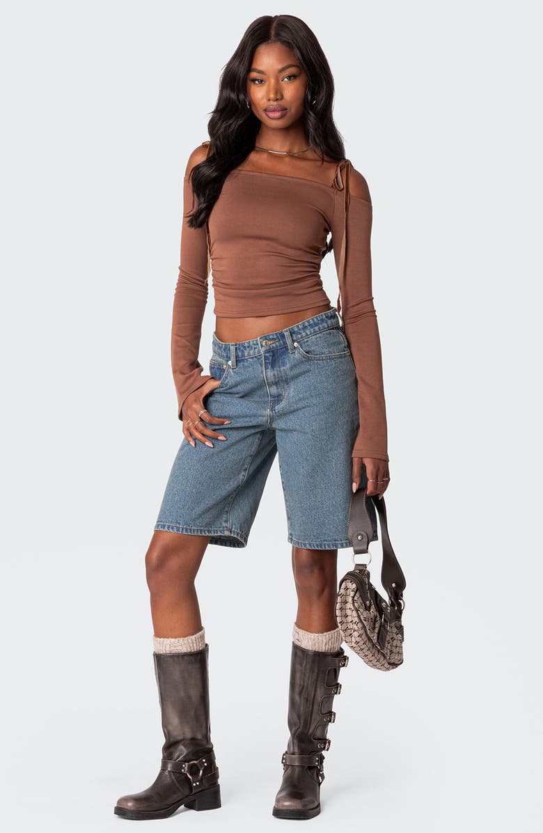 EDIKTED Velvet Tie Off the Shoulder Top, Alternate, color, Brown