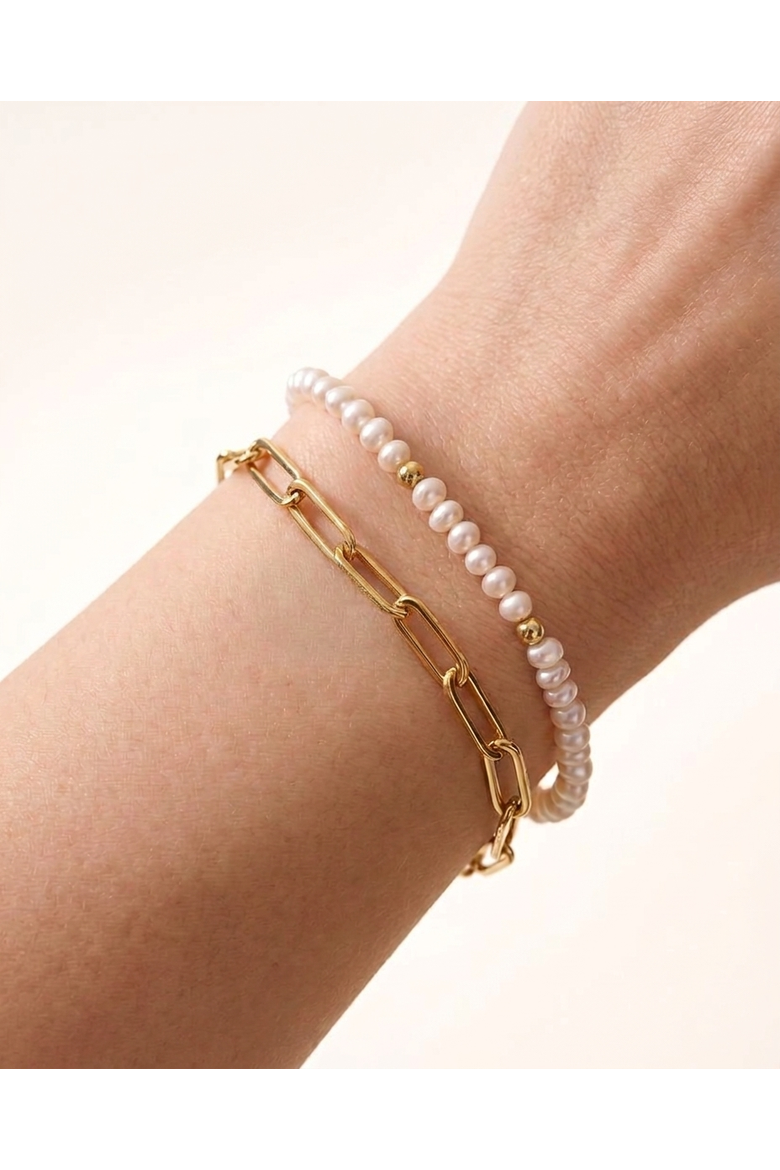 Freshwater Pearl and Paperclip Chain Bracelet Set, Main, color, Gold