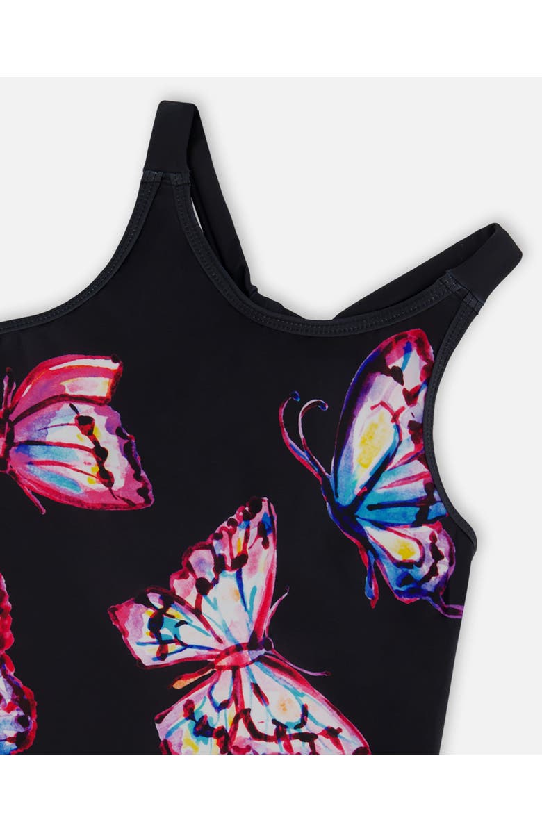 Deux par Deux Little Girl's Printed Beach Dress Black And Multicolored Butterflies, Alternate, color, 