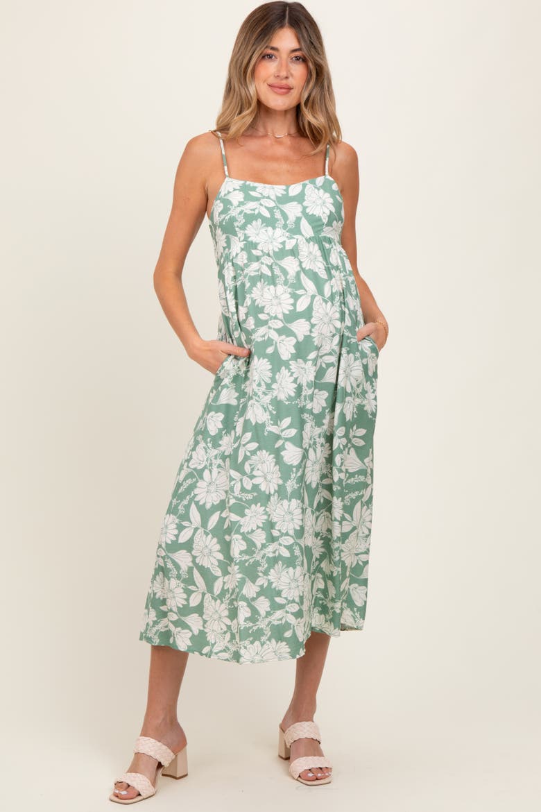 Olive Floral Sleeveless Midi Dress, Alternate, color, Light Olive