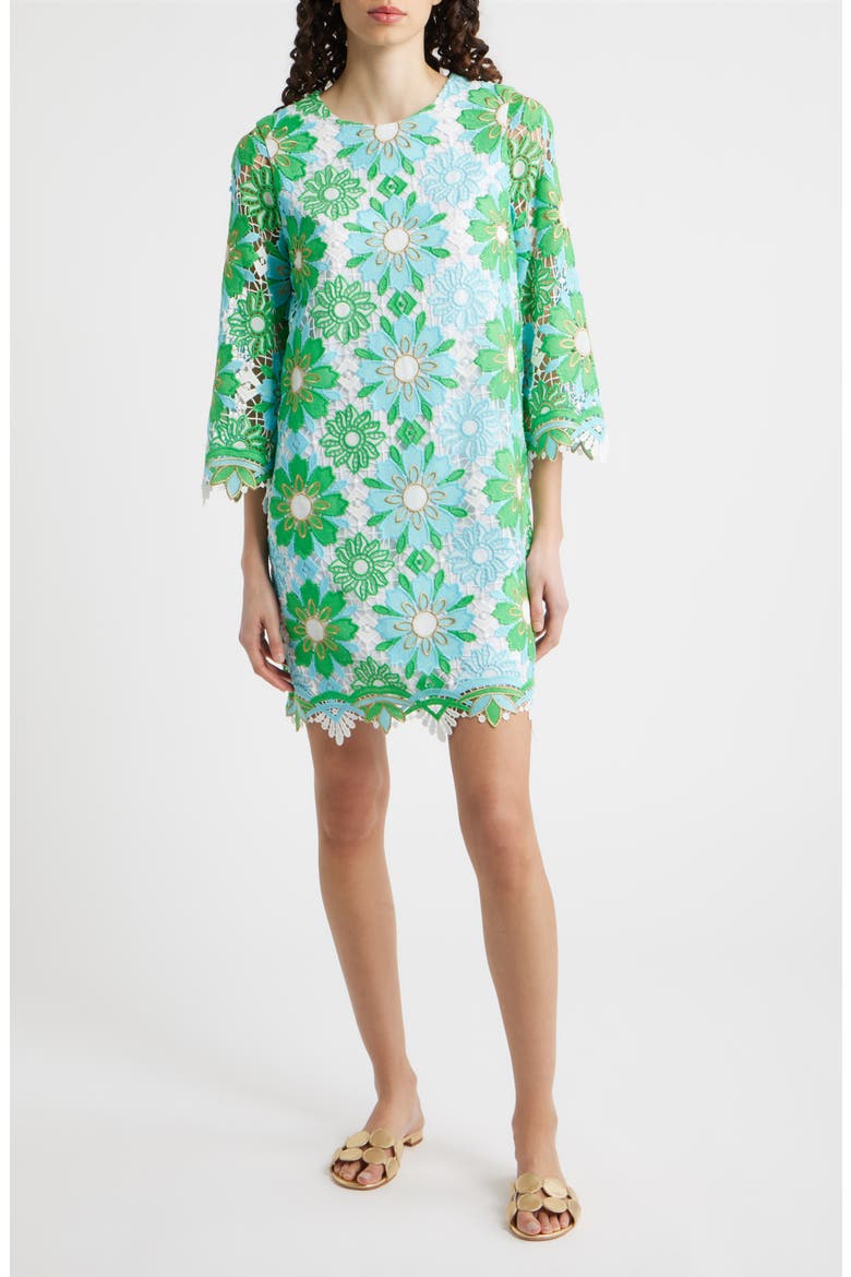 Jouri Metallic Floral Lace Shift Dress, Main, color, PUTTING GREEN SUNSHINE