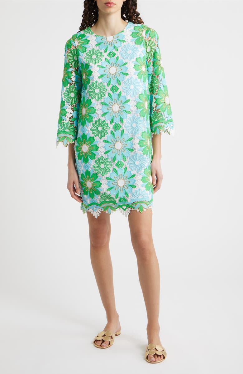 Lilly Pulitzer<sup>®</sup> Jouri Metallic Floral Lace Shift Dress, Main, color, Putting Green Sunshine