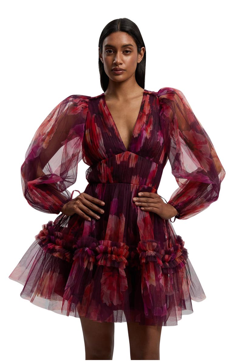 Karen Millen Tulle Balloon Sleeve Mini Dress, Main, color, Purple