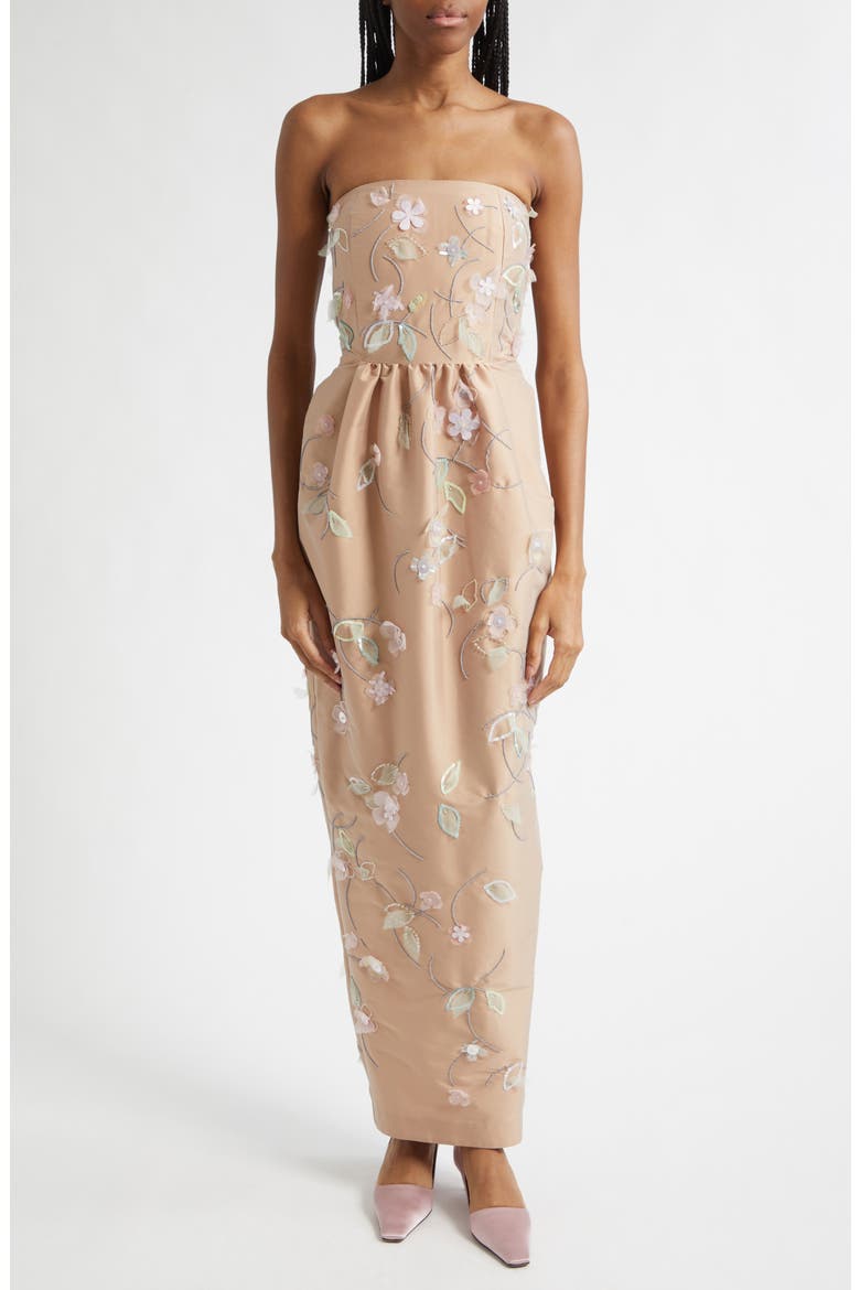 Lena Beaded Appliqué Strapless Dress, Main, color, CLEMATIS EMBROIDERY ON BEIGE