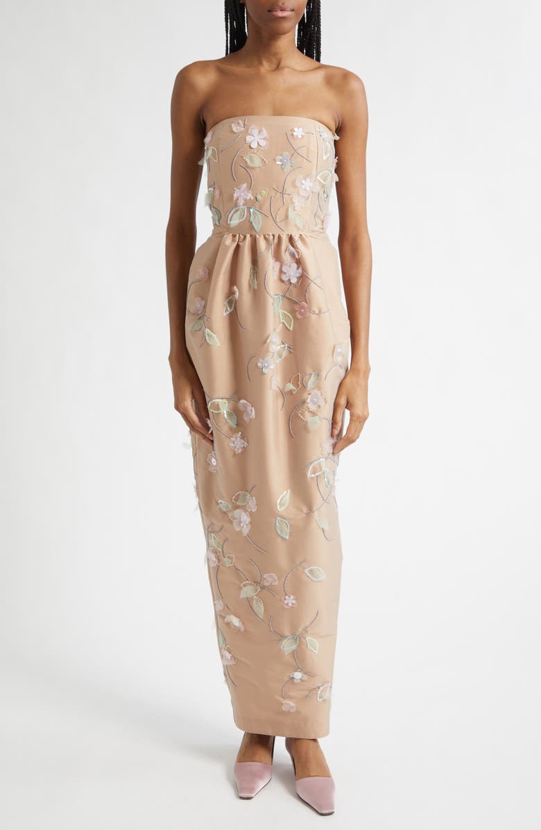 BERNADETTE Lena Beaded Appliqué Strapless Dress, Main, color, Clematis Embroidery On Beige