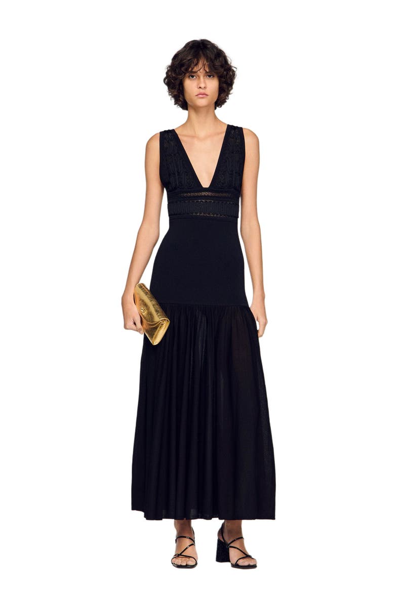 SANDRO Ruffled knit maxi dress, Alternate, color, Black
