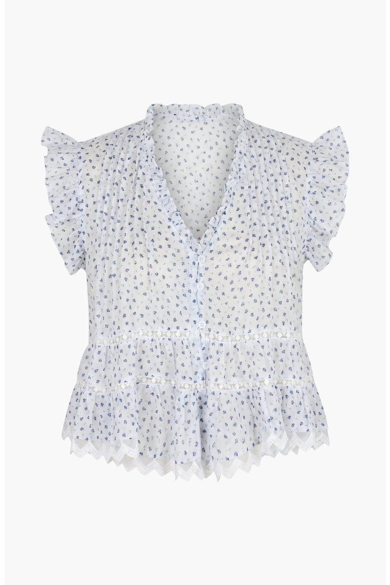Ruffled V-Neck Button-Front Tiered Lace Hem Blouse, Alternate, color, White