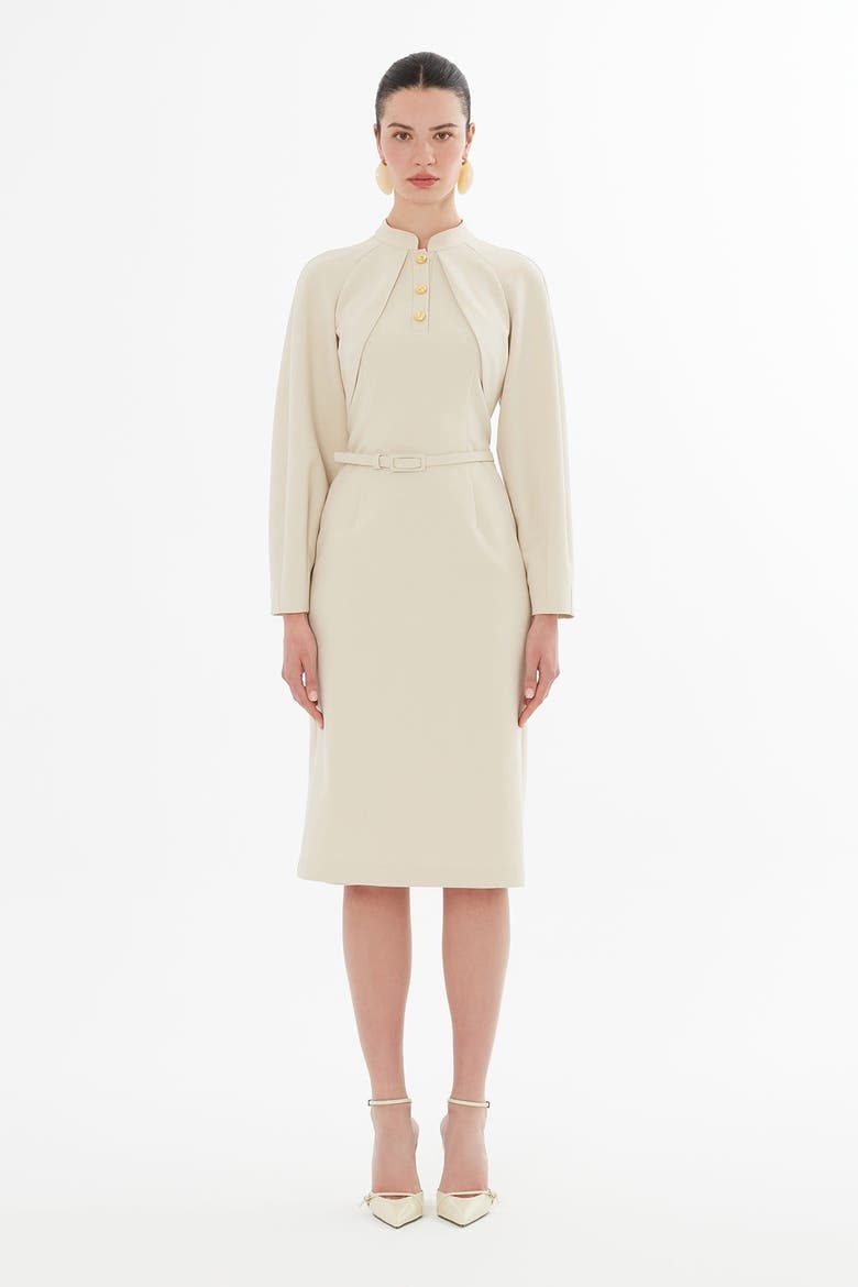 Midi Dress with Bolero Look and Belt, Main, color, Beige