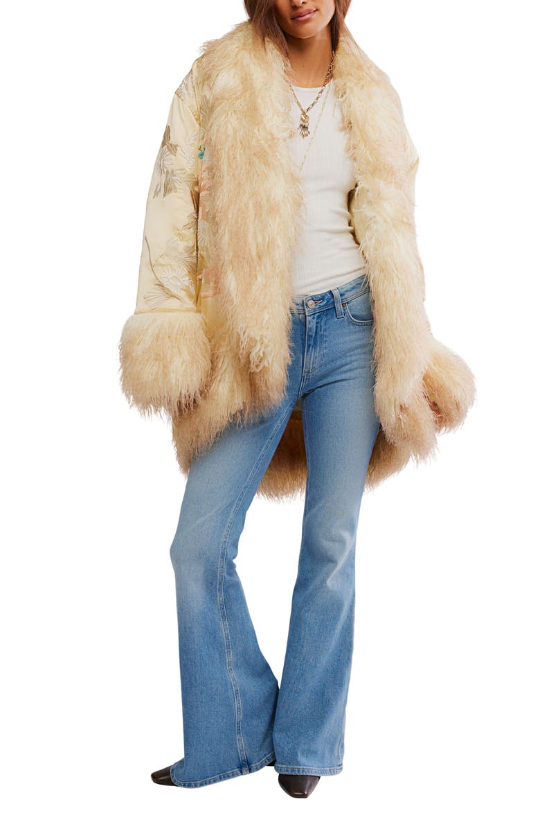 Free People Moon Petals Velvet Floral Detail Jacket with Faux Fur Trim, Alternate, color, Cream Combo