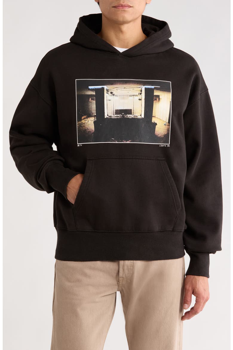 Lights On Oversize Photo Graphic Hoodie, Main, color, BLACK