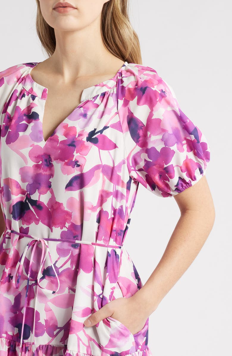 Julia Jordan Floral Print Tie Waist Puff Sleeve Dress, Alternate, color, Magenta Multi
