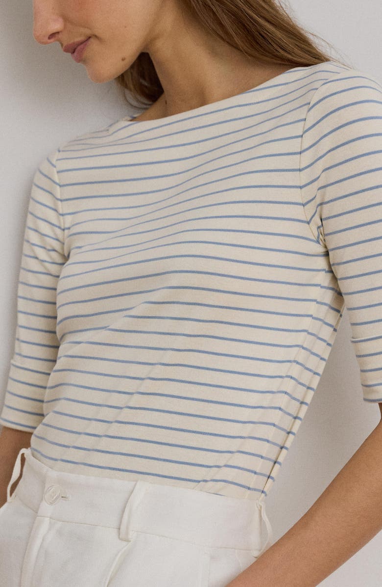 Lauren Ralph Lauren Stripe Stretch Cotton Boatneck Top, Alternate, color, Cream/ Dusty Sky