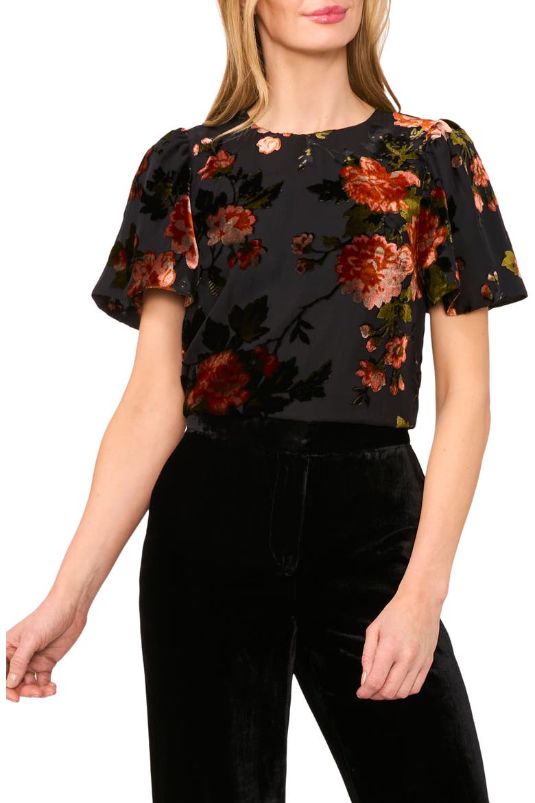 Velvet Burnout Flutter Sleeve Top, Main, color, RICH BLACK 060