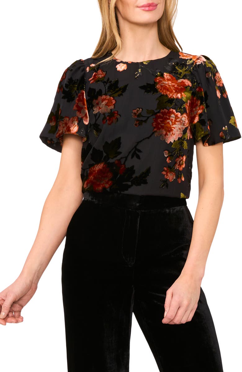 Ted Baker Velvet Burnout Flutter Sleeve Top, Main, color, Rich Black 060
