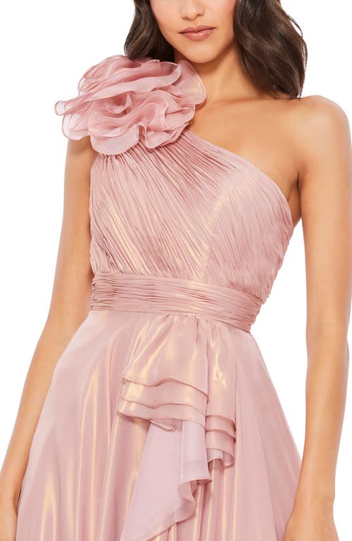 Mac Duggal Rosette One-shoulder Iridescent Ball Gown In Rose Gold