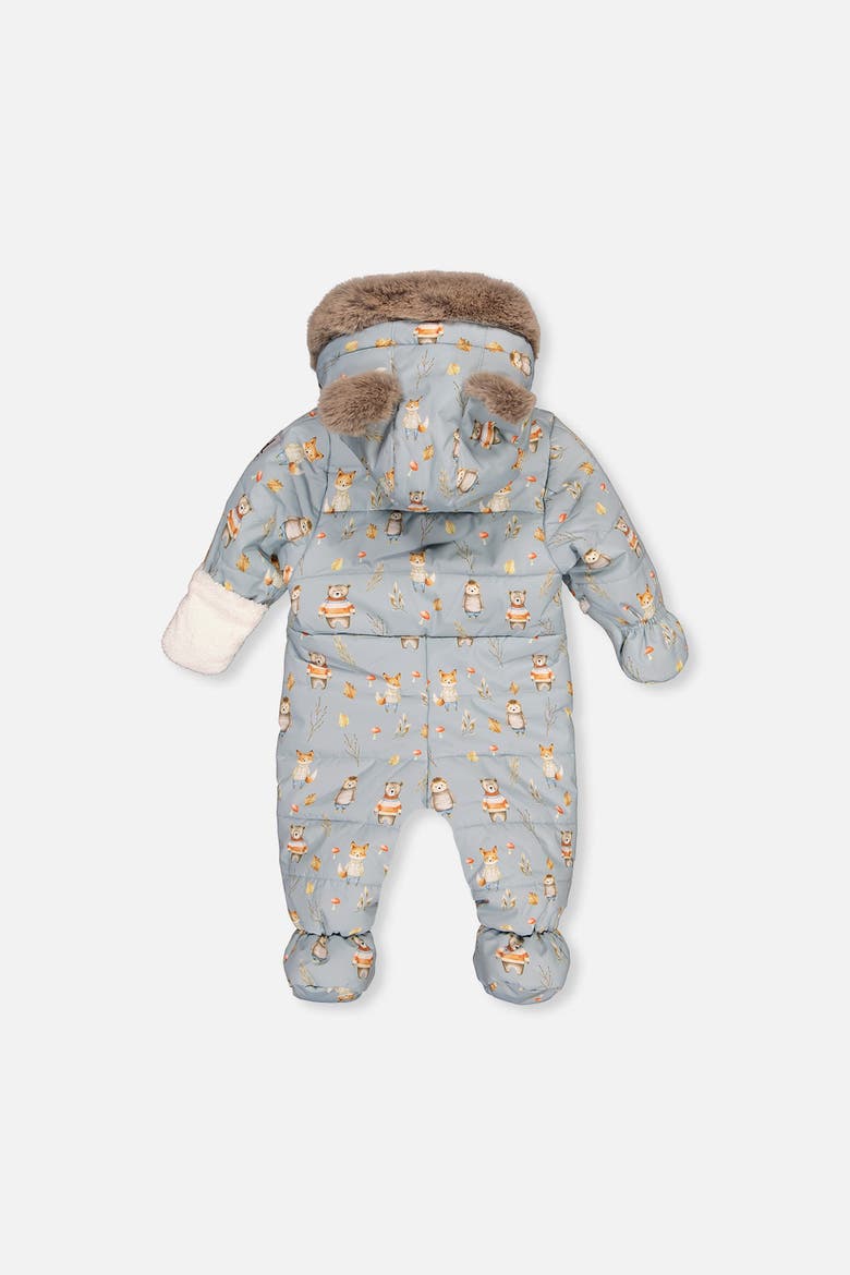 Woodland Creatures One Piece Footie Romper & Neckwarmer Snowsuit, Alternate, color, Blue Animal Print
