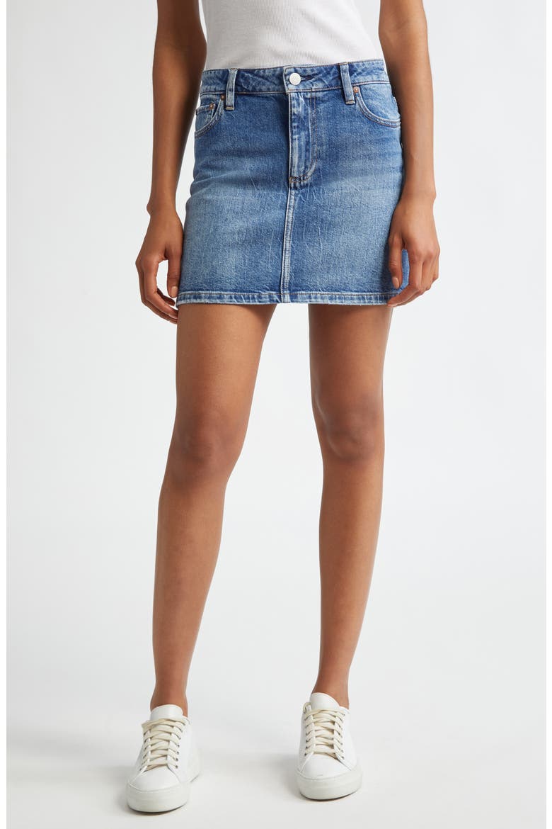 Joss Buckle Back Denim Miniskirt, Main, color, NORA ULTRA LIGHT BLUE