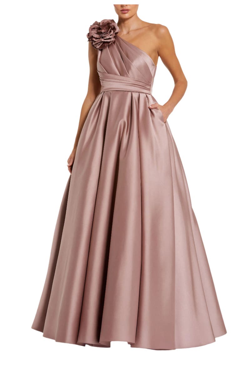 Mac Duggal Pink One Shoulder Satin Ballgown With 3D Flower, Main, color, Rose