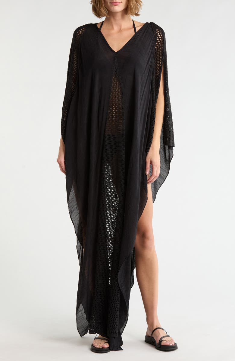 Elan Crochet Trim Cover-Up Caftan, Main, color, Black