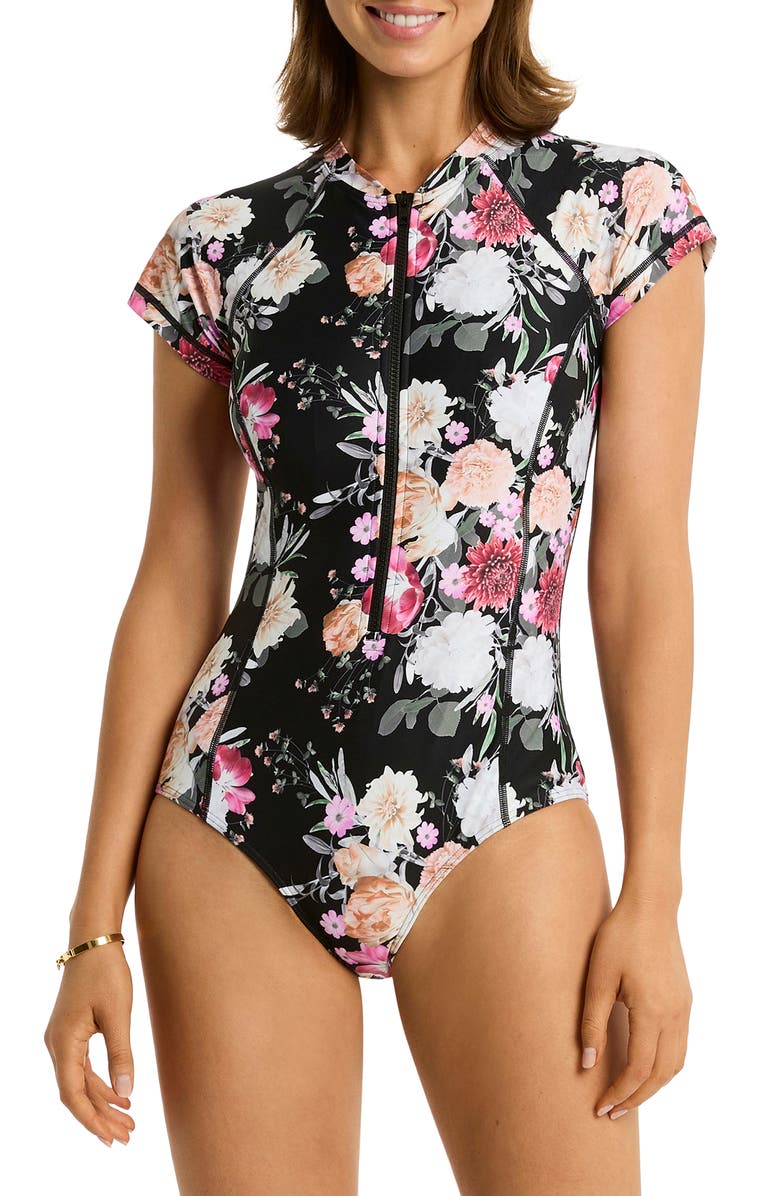 Sea Level Belle Short Sleeve Zip One-Piece Swimsuit, Main, color, 