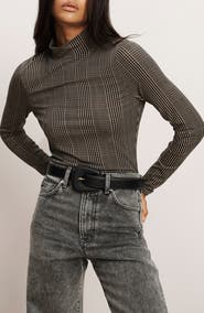 Veronica Beard Nate Plaid Mock Neck Long Sleeve Top