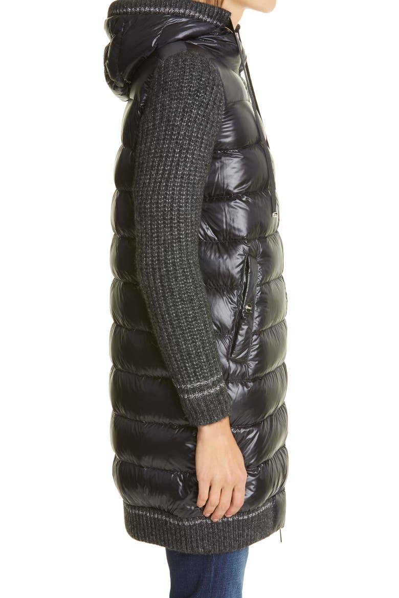 Sweater Sleeve Hooded Down Puffer Coat, Alternate, color, BLACK