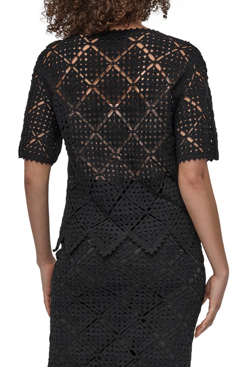 Crochet Stitch Short Sleeve Sweater, Alternate, color, BLACK