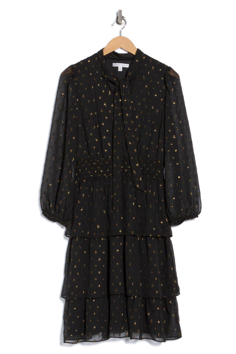 Tie Neck Long Sleeve Smocked Midi Dress, Alternate, color, BLACK/ GOLD