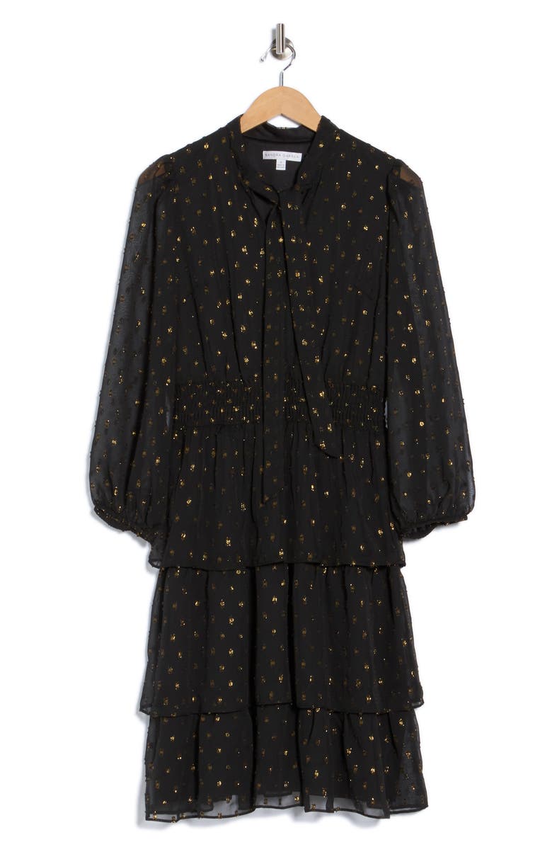 SANDRA DARREN Tie Neck Long Sleeve Smocked Midi Dress, Alternate, color, Black/ Gold