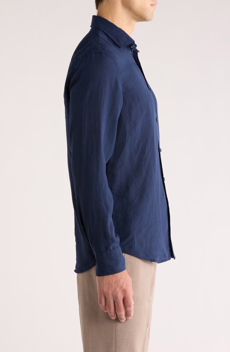 Bugatchi Axel Shaped Fit Linen Button-Up Shirt, Alternate, color, Navy