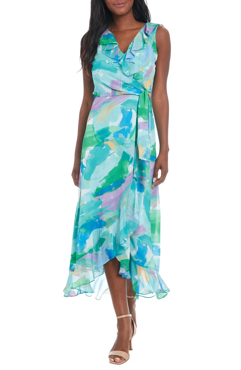 London Times Ruffle Sleeveless Faux Wrap Chiffon Maxi Dress, Main, color, 