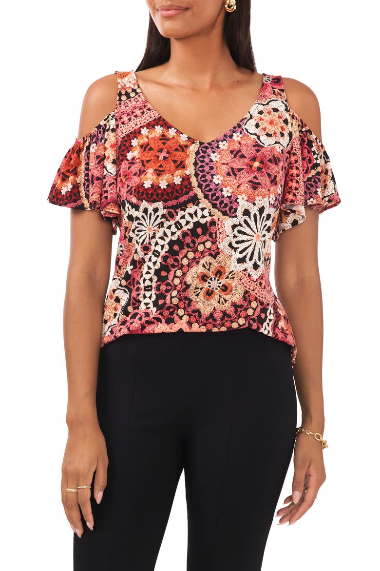 Floral Cold Shoulder Flutter Sleeve Knit Blouse, Main, color, BLACK/BERRY/MAUVE